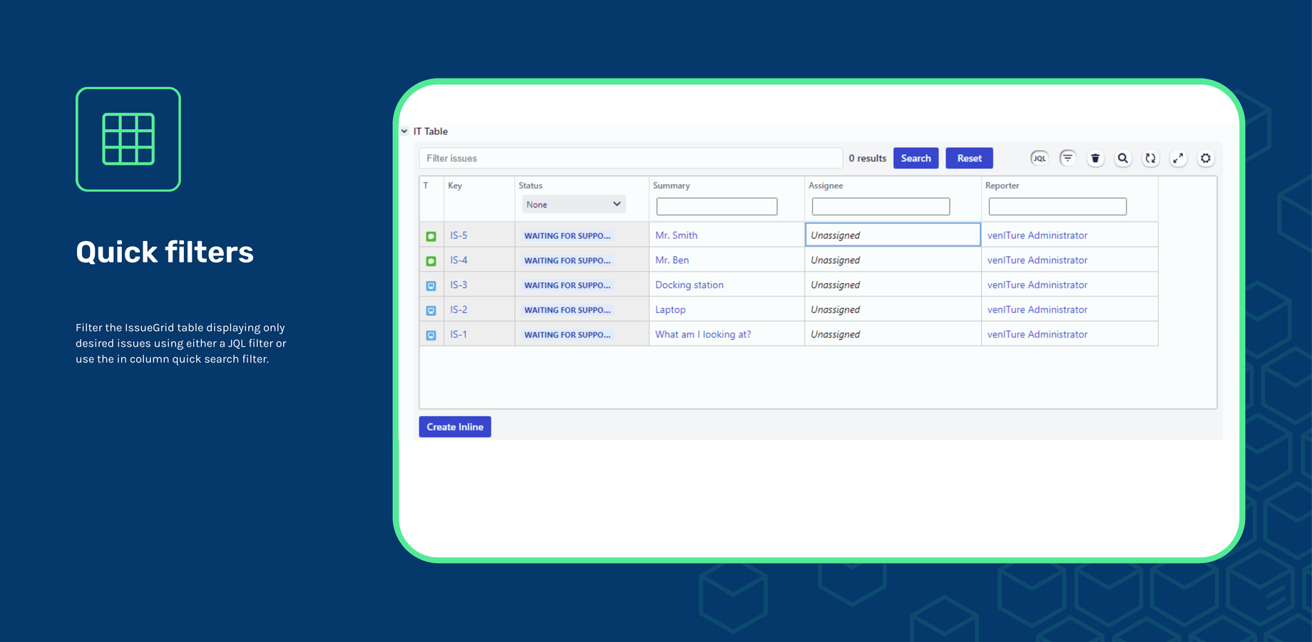 Filter the IssueGrid table displaying only desired issues using either a JQL filter or use the in column quick search filter.