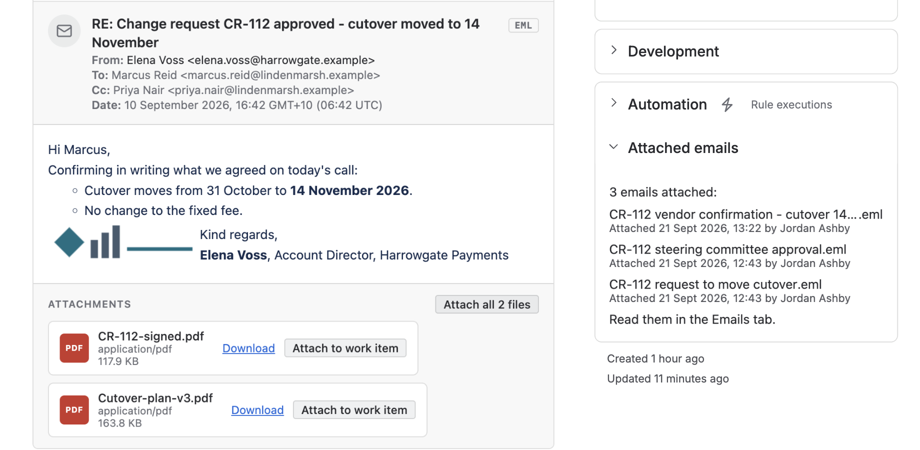 The Attached emails group expanded on a Jira issue: a count line, one row per attached email with its filename, the date it was attached and who attached it, and a line pointing to the Emails tab.