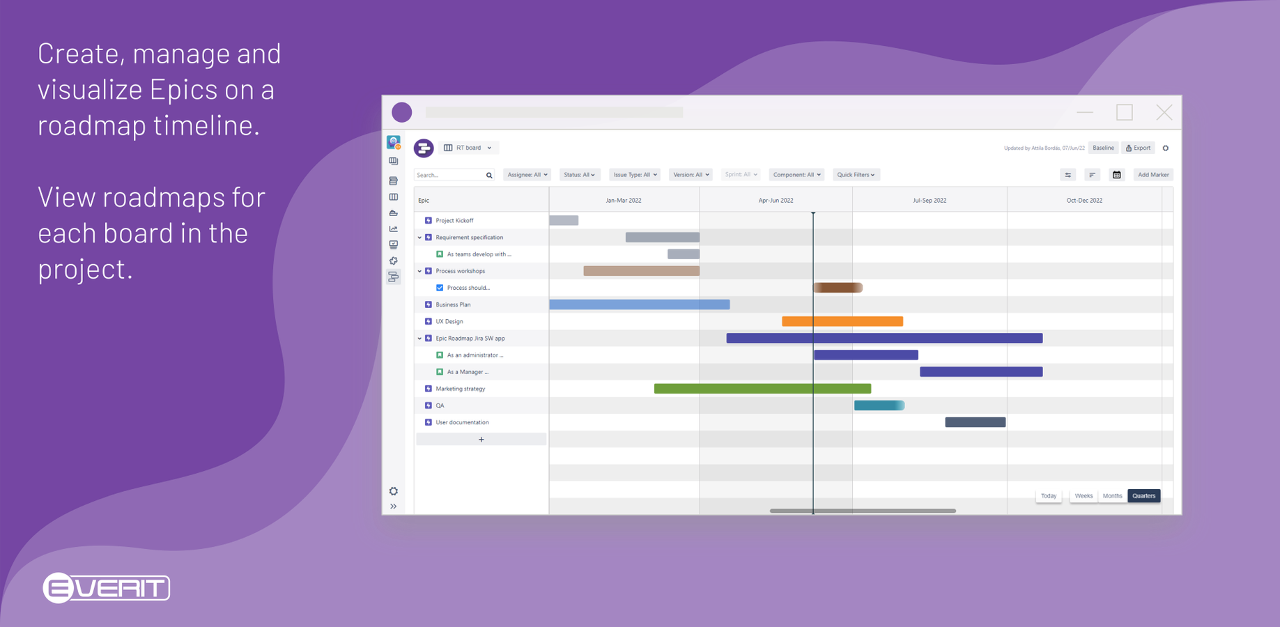Create, manage and visualize Epics and Issues on a roadmap timeline view. View roadmaps for each board in your Jira.