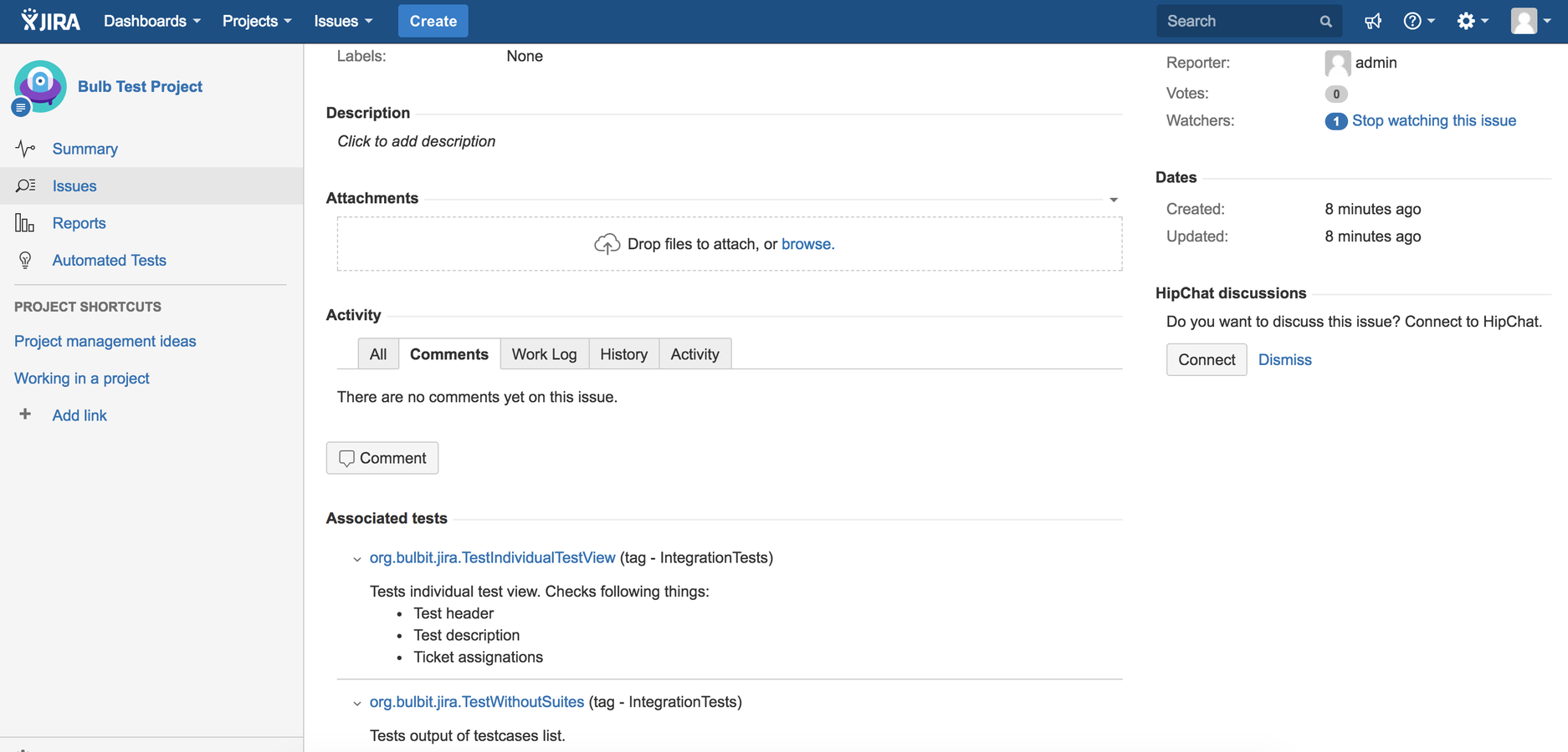 Lists of tests under comments in Jira issue view