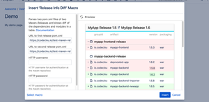 Insert "Release Info Diff Macro" into Confluence Page. Specify URL to two maven pom.xml files you want to diff in Macro Browser.