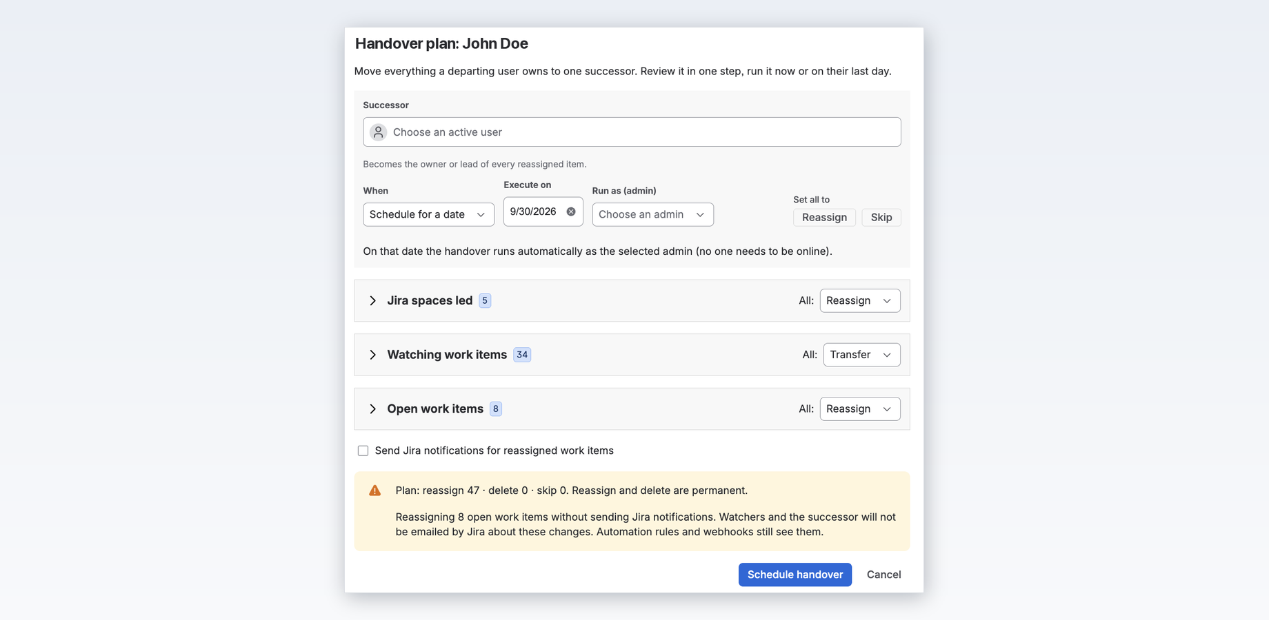 Handover plan dialog: successor, execution date, run-as administrator, per-section actions and the plan summary before scheduling.