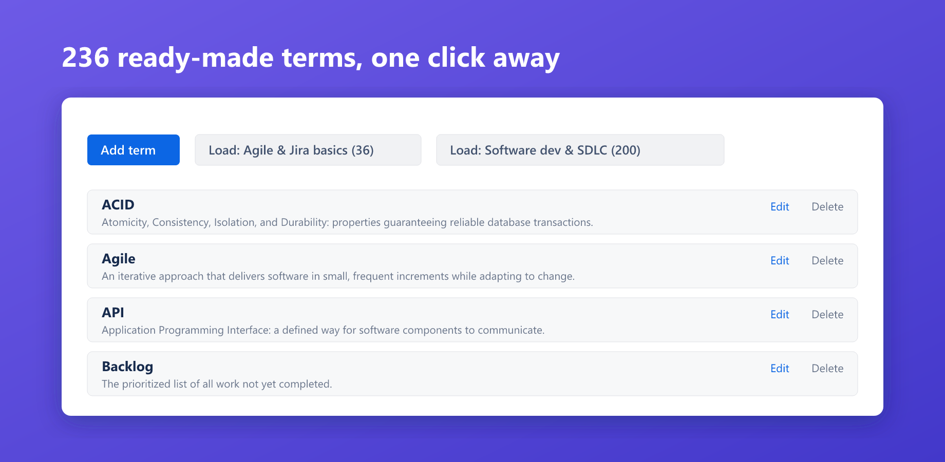 The glossary admin page with one-click starter packs