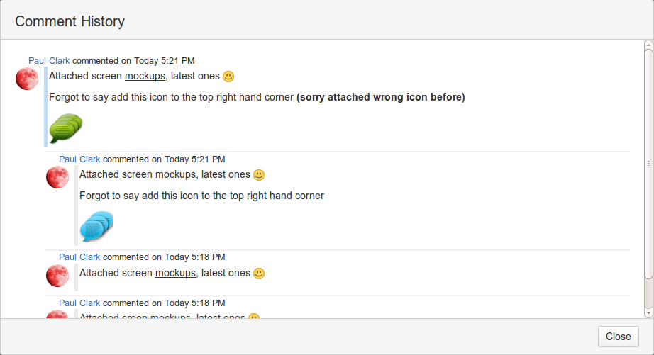 This popup dialog shows the history of a Comment as accessed from the Comments tab.  The top most Comment is the current comment which is followed by the Comments history in ascending order.