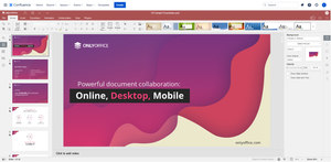 Create and co-author presentations right within Confluence interface with ONLYOFFICE Presentation Editor. Use Presenter view: leave personal notes and manually select the necessary slides to show.