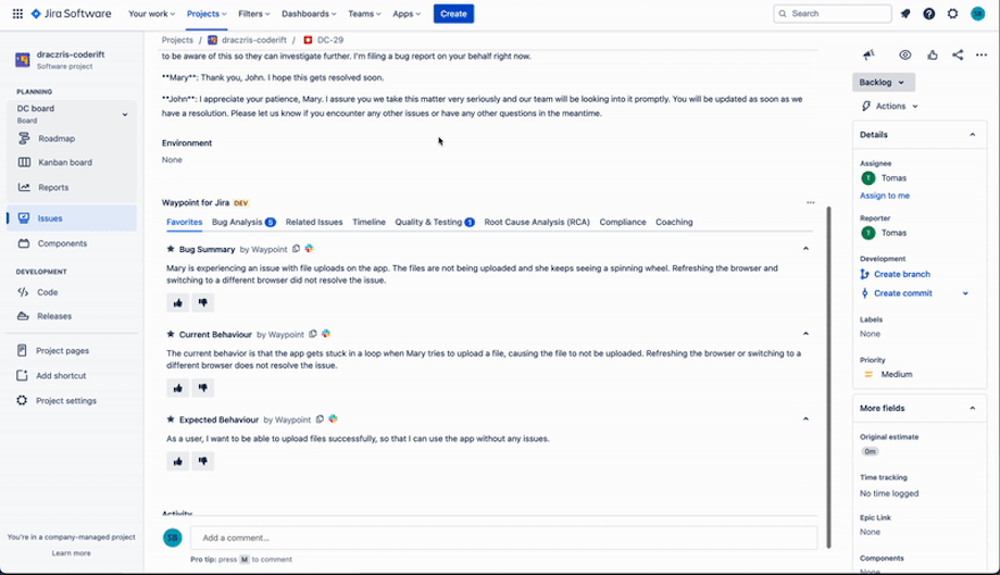 Waypoint automated Software Bug Analysis in Jira