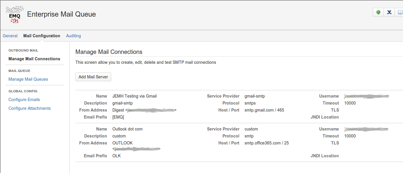 Shows multiple outbound servers configured