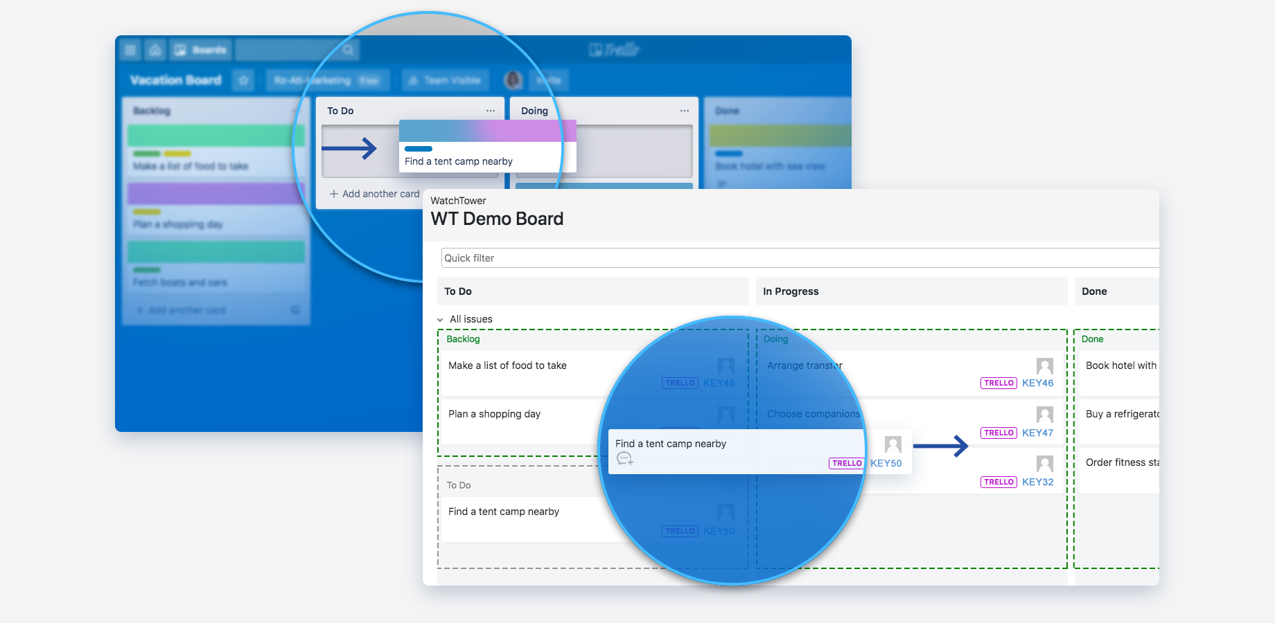 View and transition Trello cards from your Jira board, the changes will be dynamically made in Trello.