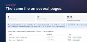 Duplicate candidates grouped by file name and exact size, with the copy to keep and the space the rest would reclaim.