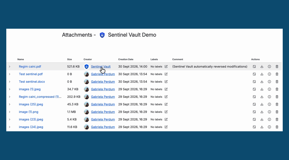 A sealed file was overwritten by someone else: Sentinel Vault put the sealed version back and says so in the attachment history — "Sentinel Vault automatically reversed modifications".