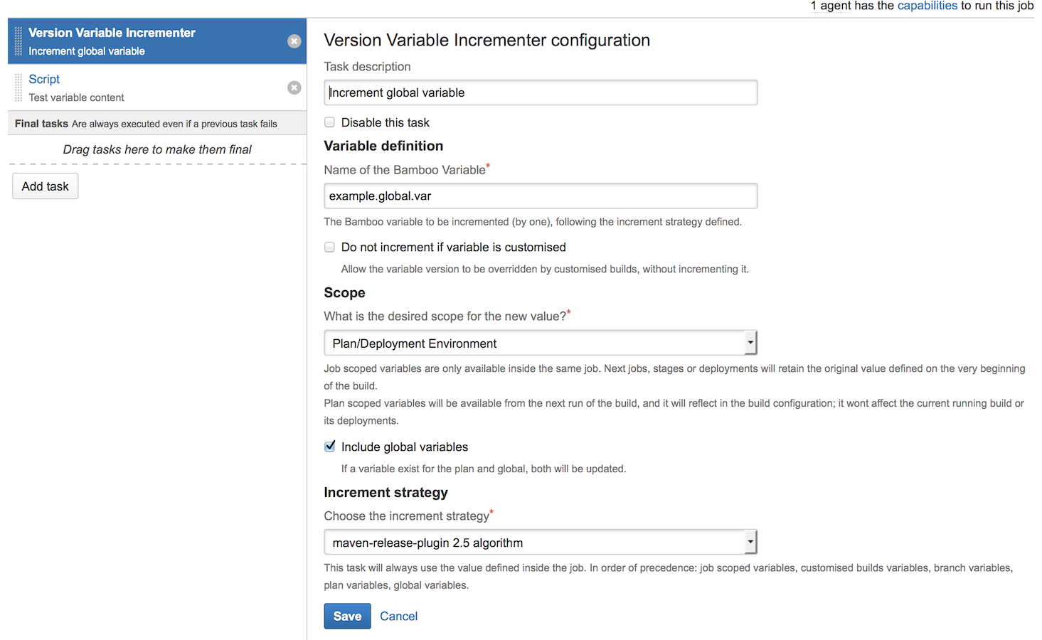 Configuration of the variable incrementer task