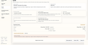 Proof view preserves exportable evidence tied to the exact review and execution cycle.