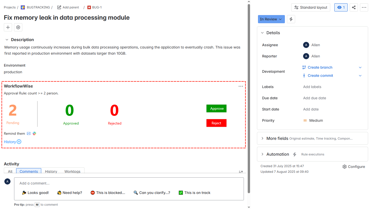 You can perform operations including approving, rejecting, or revoking of an approval, as well as viewing the current approval progress on the panel.