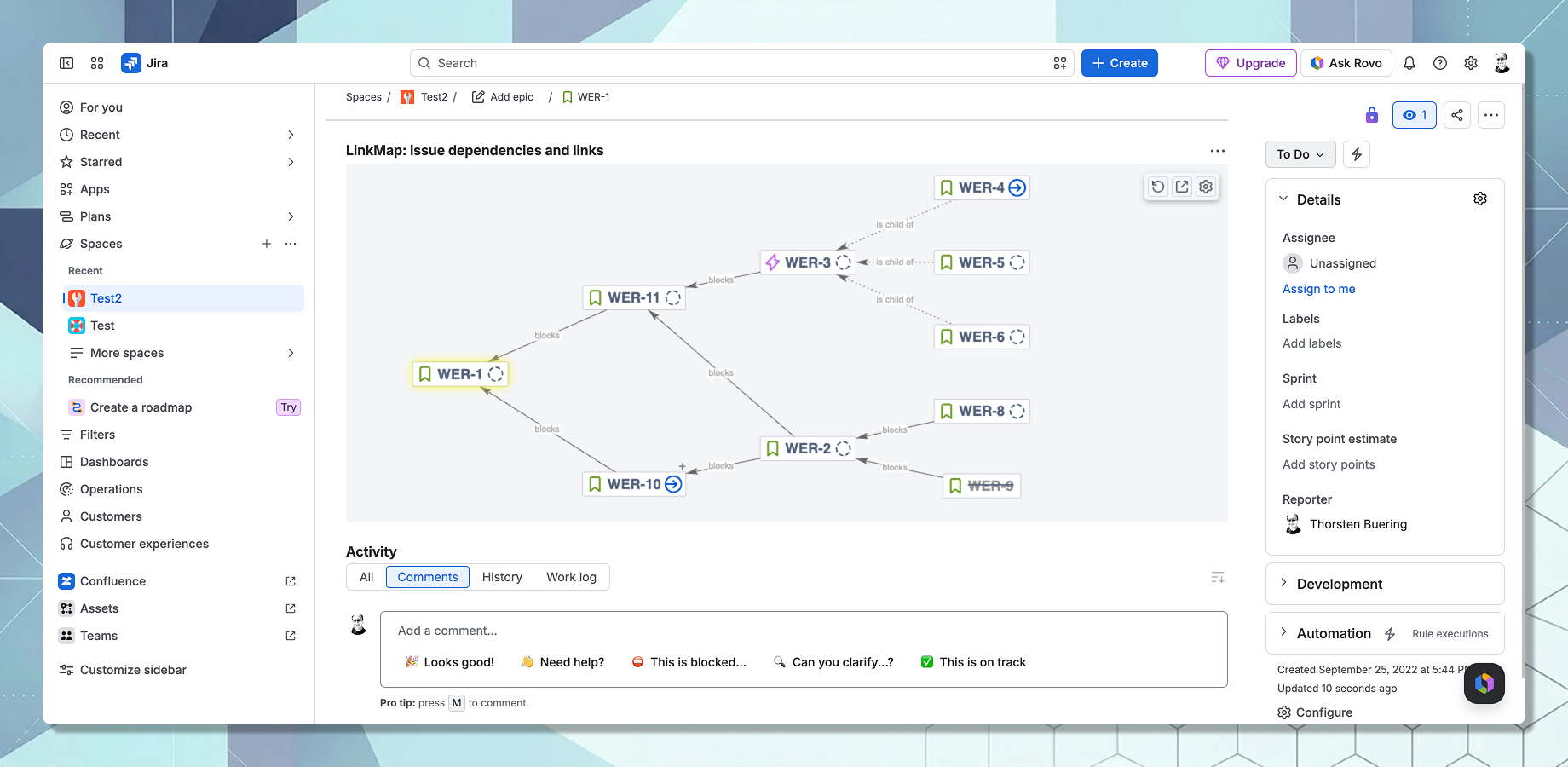 Dependency chain layout: Automatically arranges blocking and blocked items into a clear hierarchy, in both full maps and an item's detail view, so you see at a glance what needs to be completed before what.