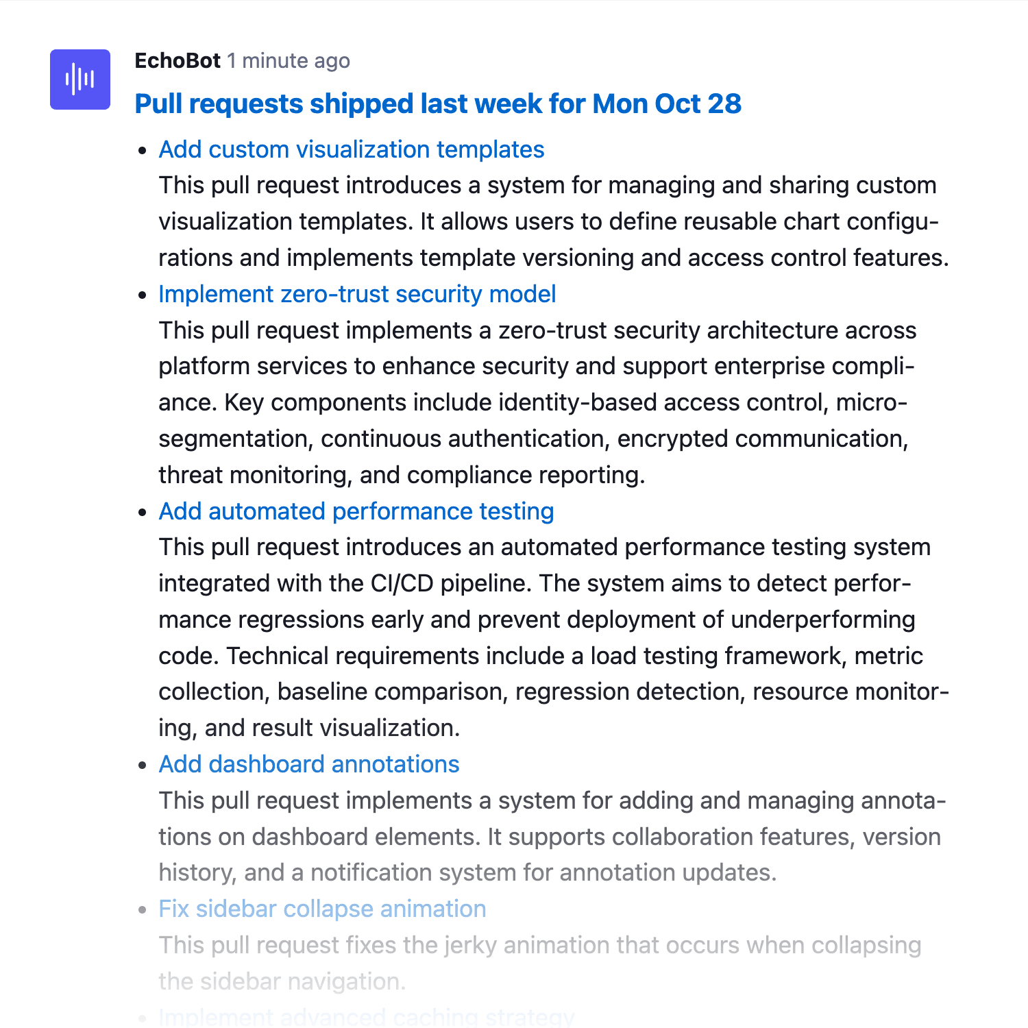 An Echo analyzing PR activity from Bitbucket and summarizing