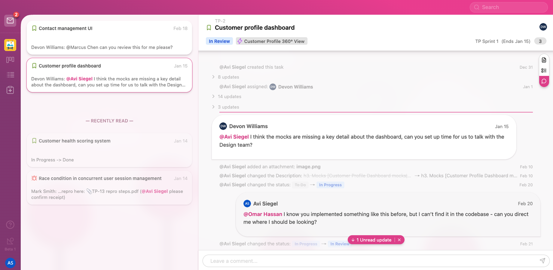 Inbox view with task opened in the righthand panel