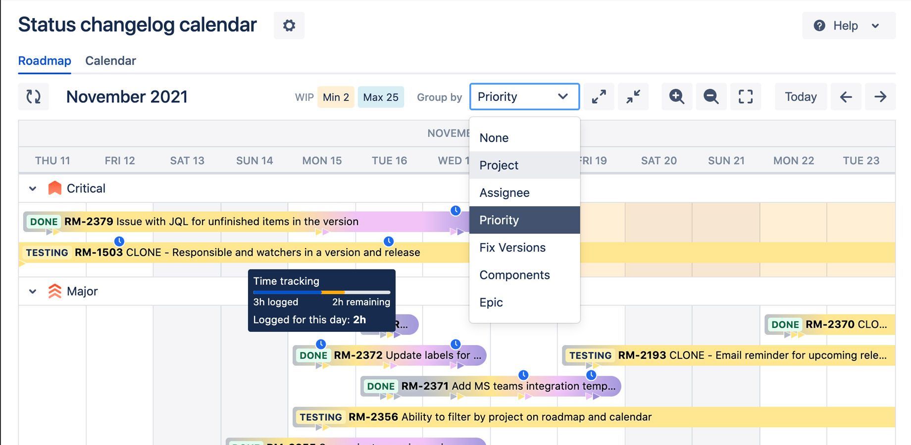 Show your progress on timeline according to issues status change and work log made. Color anchors will show an actual date time of the change. Work long anchors will show time logged.