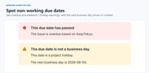 Issue Panel shows an overdue due date, explains the non-business day, and suggests the next working day.