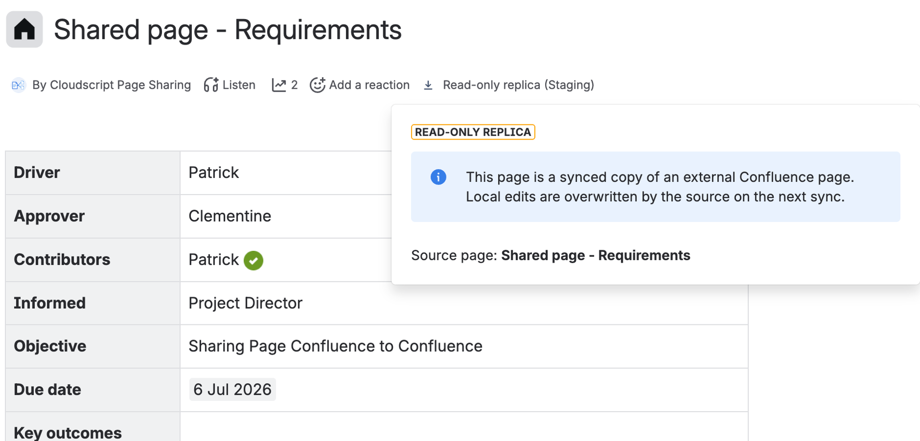 A synced replica on the subscriber's site: a native Confluence page with edit restrictions applied and the Read-only replica byline badge identifying the source page.