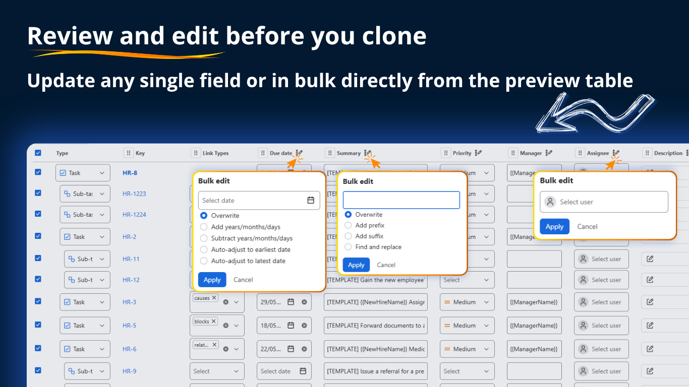 Edit any field type before cloning
Text, dates, select lists, checkboxes, radio buttons and more.