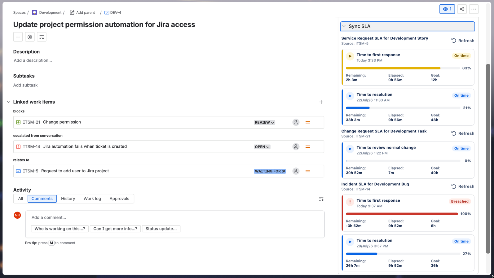 Multiple SLA sections shown on one Jira issue, each linked to a different source request.