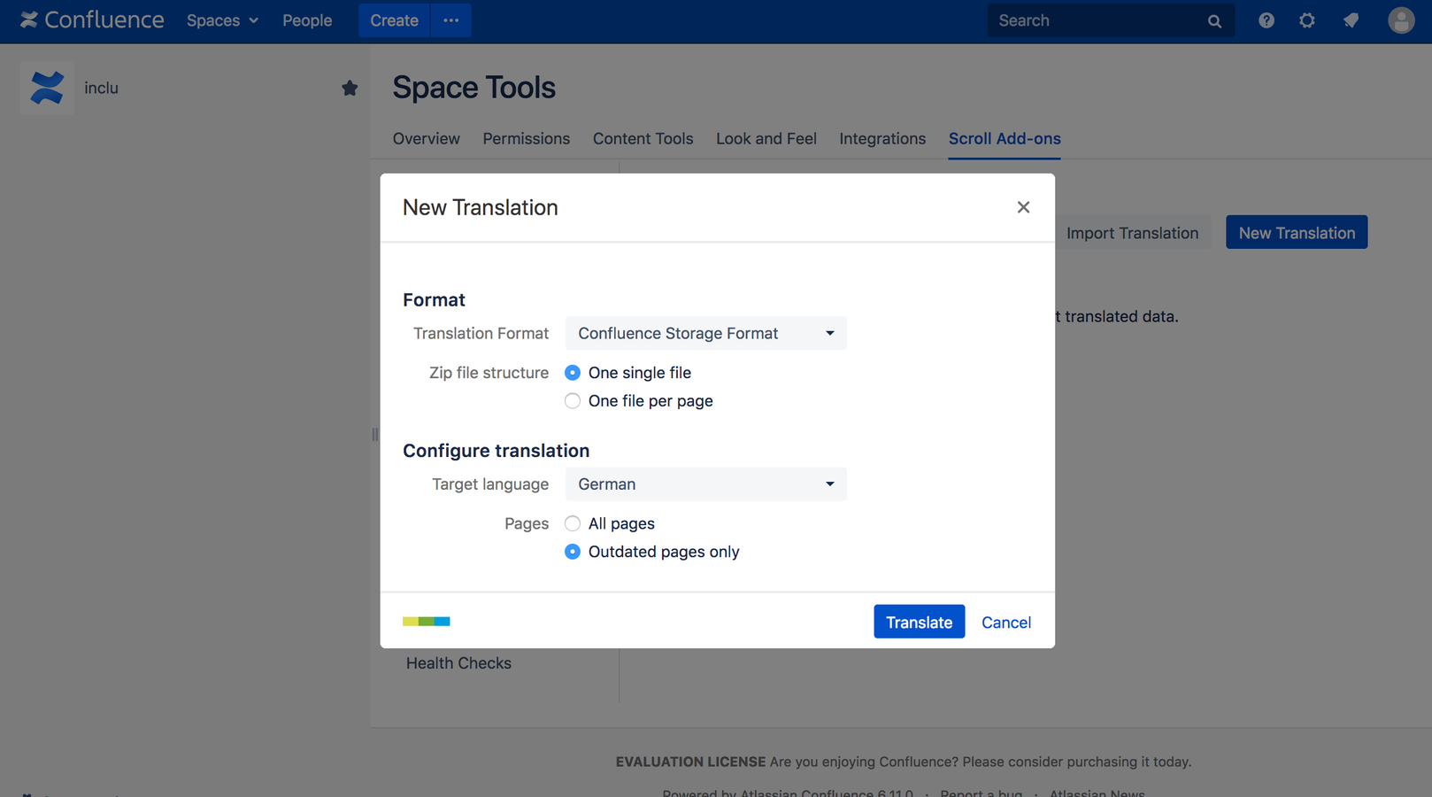 Users can transfer Confluence content to a Translation Management System, translate it externally, and import it directly back into Confluence.