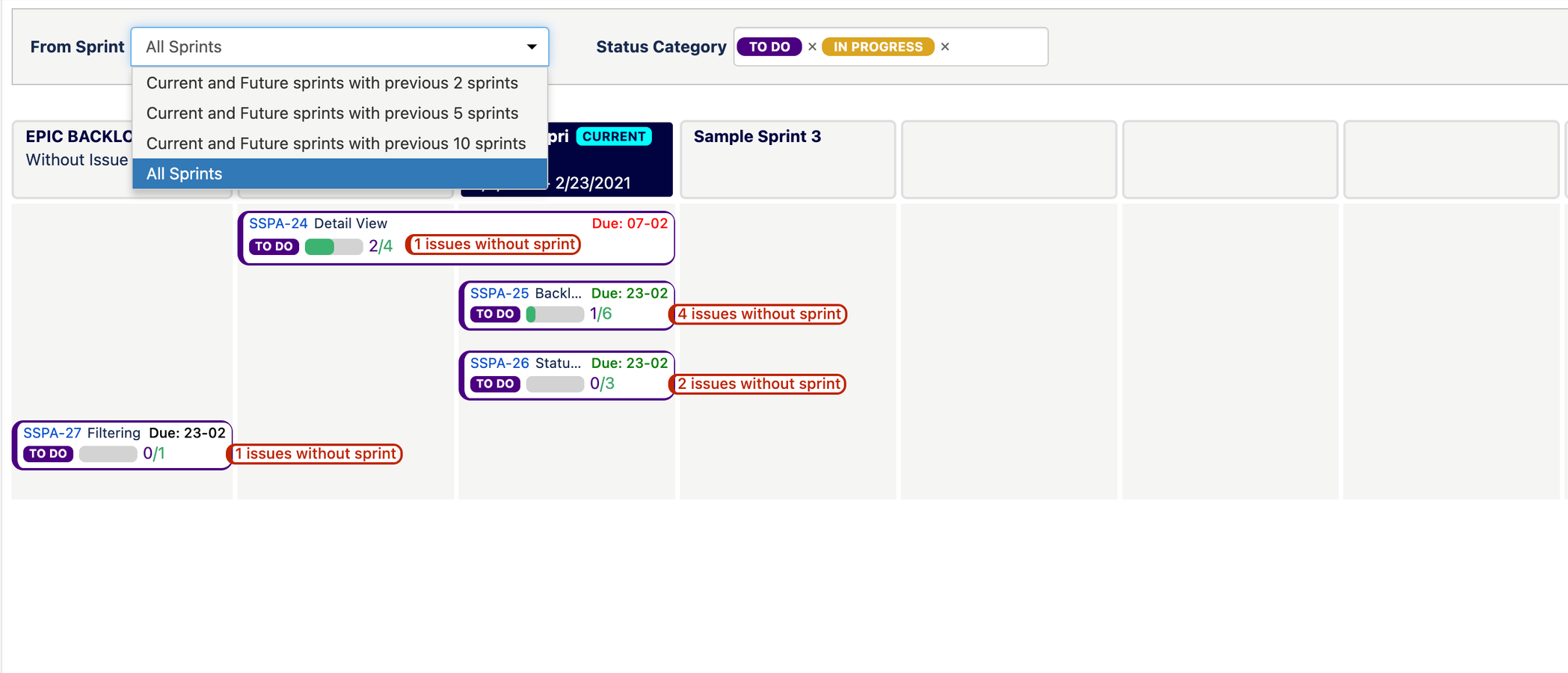 Control your Epic Timeline view - Select the number of sprint and the Epics status you want to focus on.