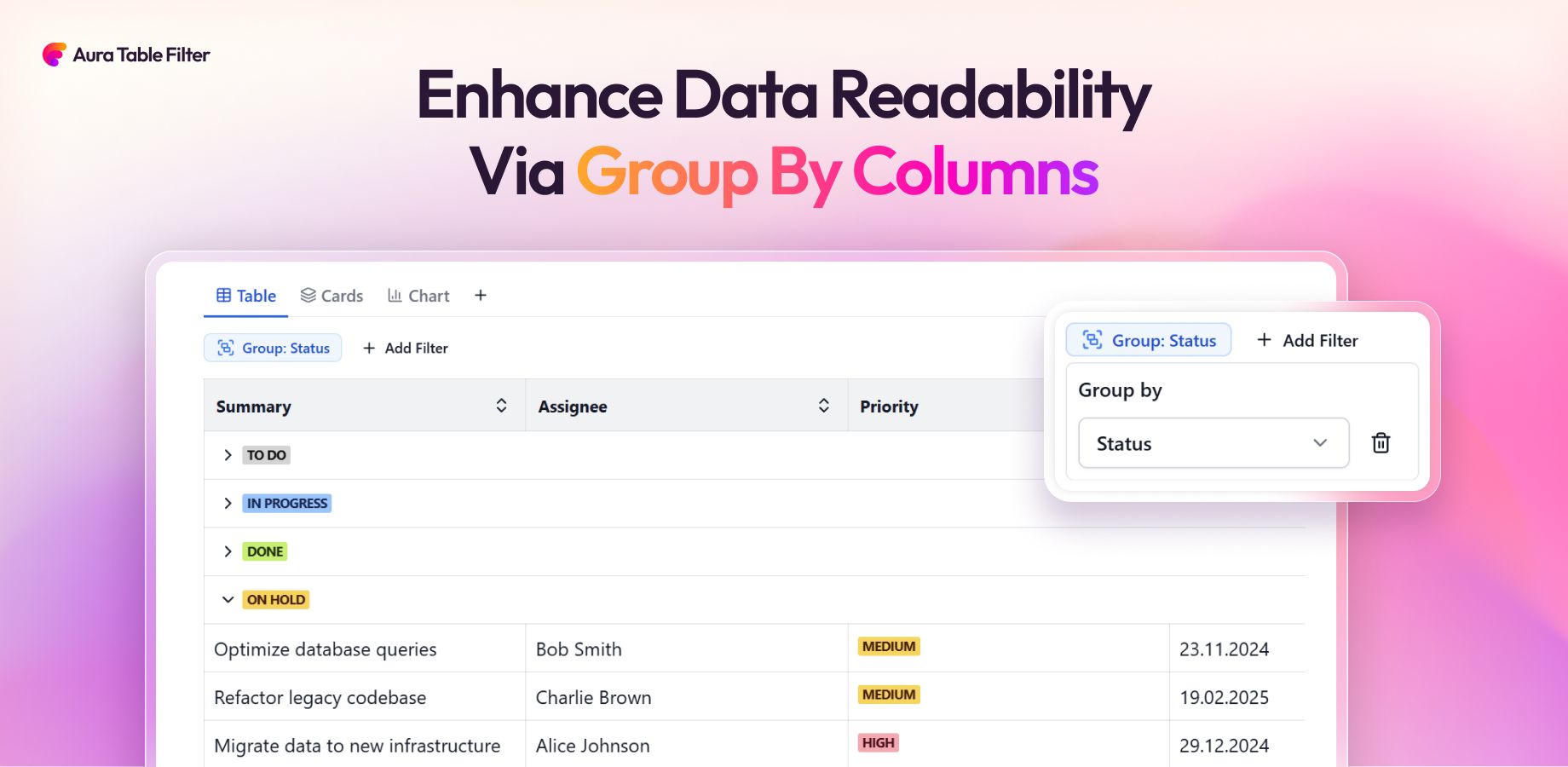 Instant dynamic sorting and grouping for clear insights.