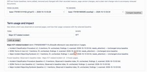 Term change impact: see every Confluence page that uses a changed term, with page versions and findings, compared with the frozen baseline.