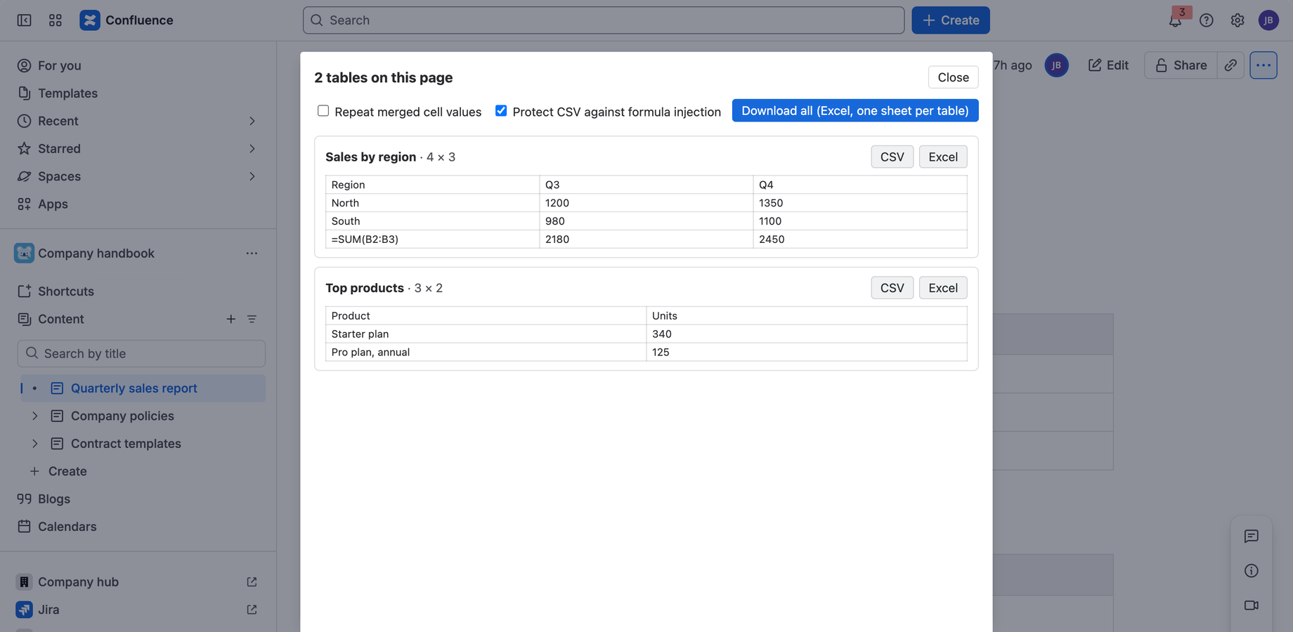 Download all puts every table into one Excel workbook, one sheet per table.