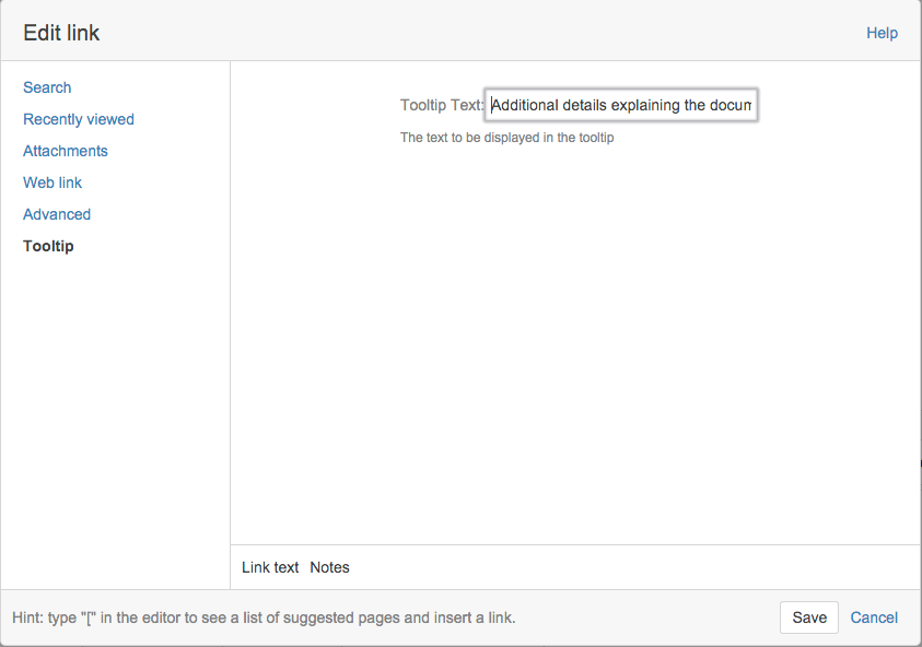 Tooltips are created through the link dialog