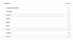 Table columns can be dragged into any order and shown or hidden one by one. Here six are enabled, with replies, labels and status turned off.