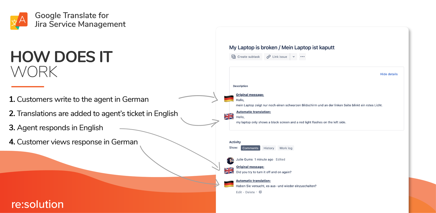 Translate support tickets by enabling multilingual customer support for Jira Service Desk. This allows the customer support agent the and the customer to read support tickets in their native languages.