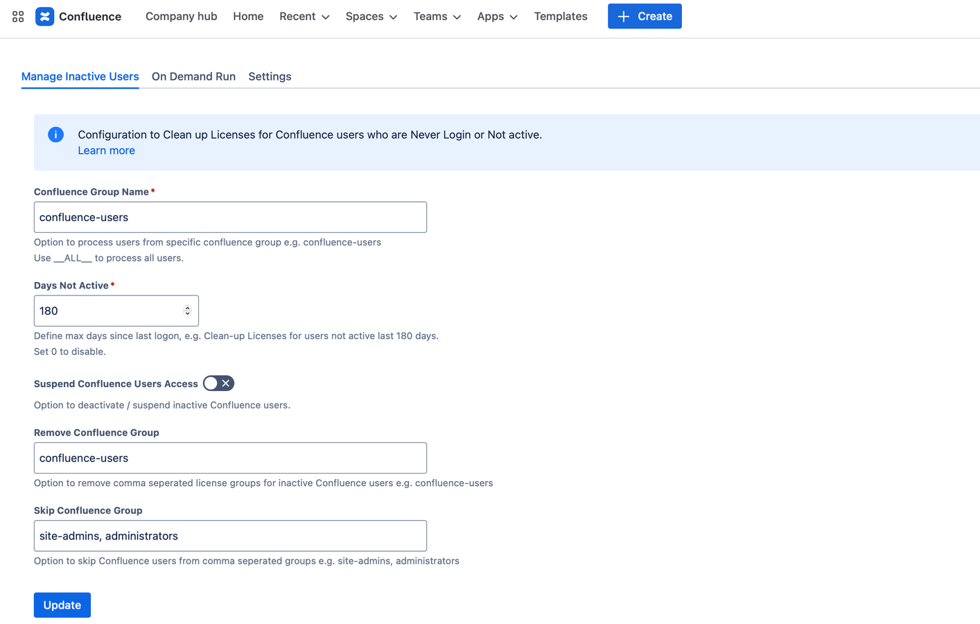 Configure Manage Inactive Users Form