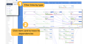 Filter link types between issues to highlight only work items of interest. 
Be able to trace all dependent work items by just clicking on a target issue (all cards of dependent work items will be highlighted). 