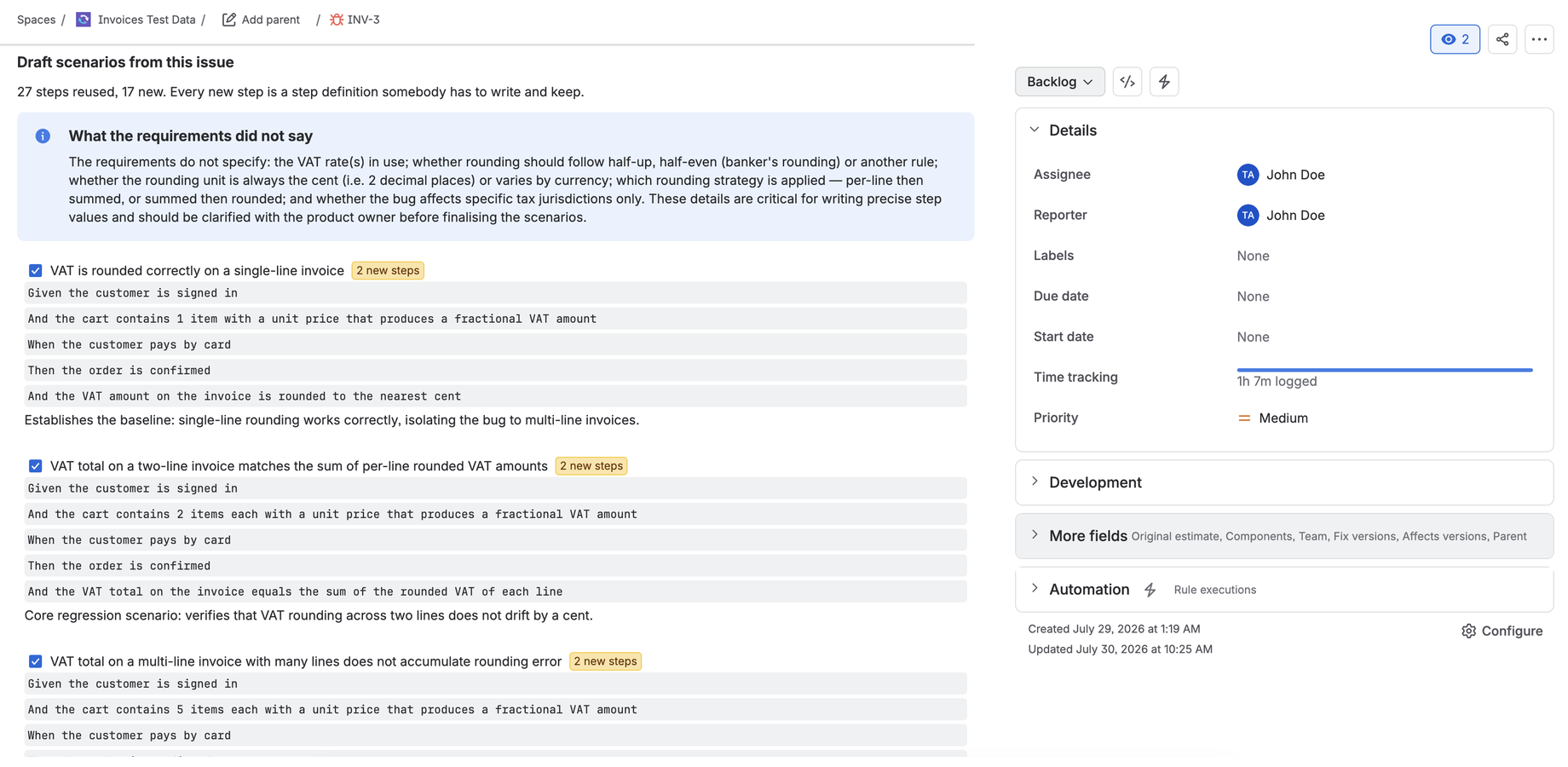 Drafts from the issue text with the tally in plain sight: 27 steps reused, 17 new, plus a list of what the requirements did not say