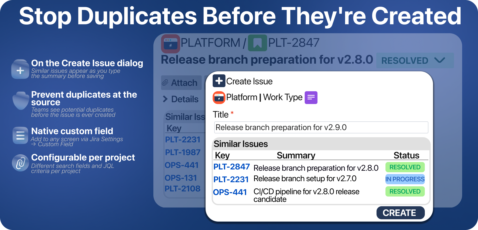 Duplicate issues can lead to confusion, wasted time, and lack of productivity.By preventing duplicates, this add-on helps teams focus on completing tasks and achieving project goals without the distraction of duplicates.