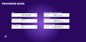 These progress bars are available. Time, Completed issues & Status category are standard metrics. Number fields, Custom time and Calculated are custom ones.