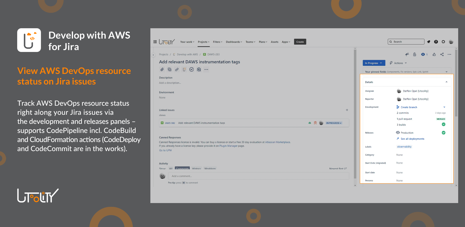 Jira issue view with development and releases panels showing various AWS builds and deployments