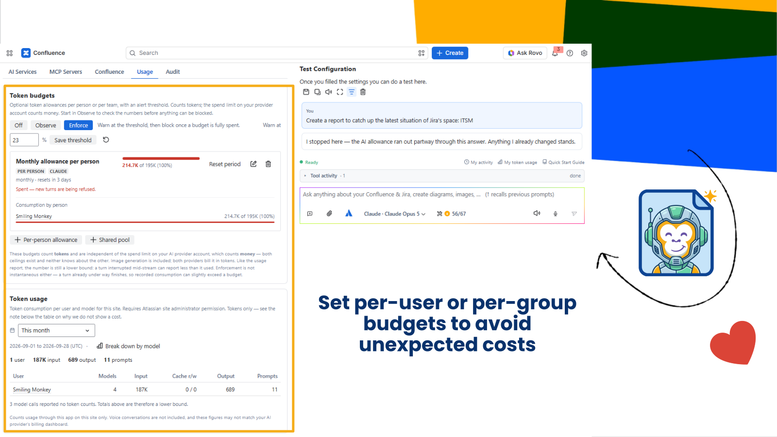 Budgets by user and group with warn and block thresholds: admins cap AI consumption before it becomes an invoice.