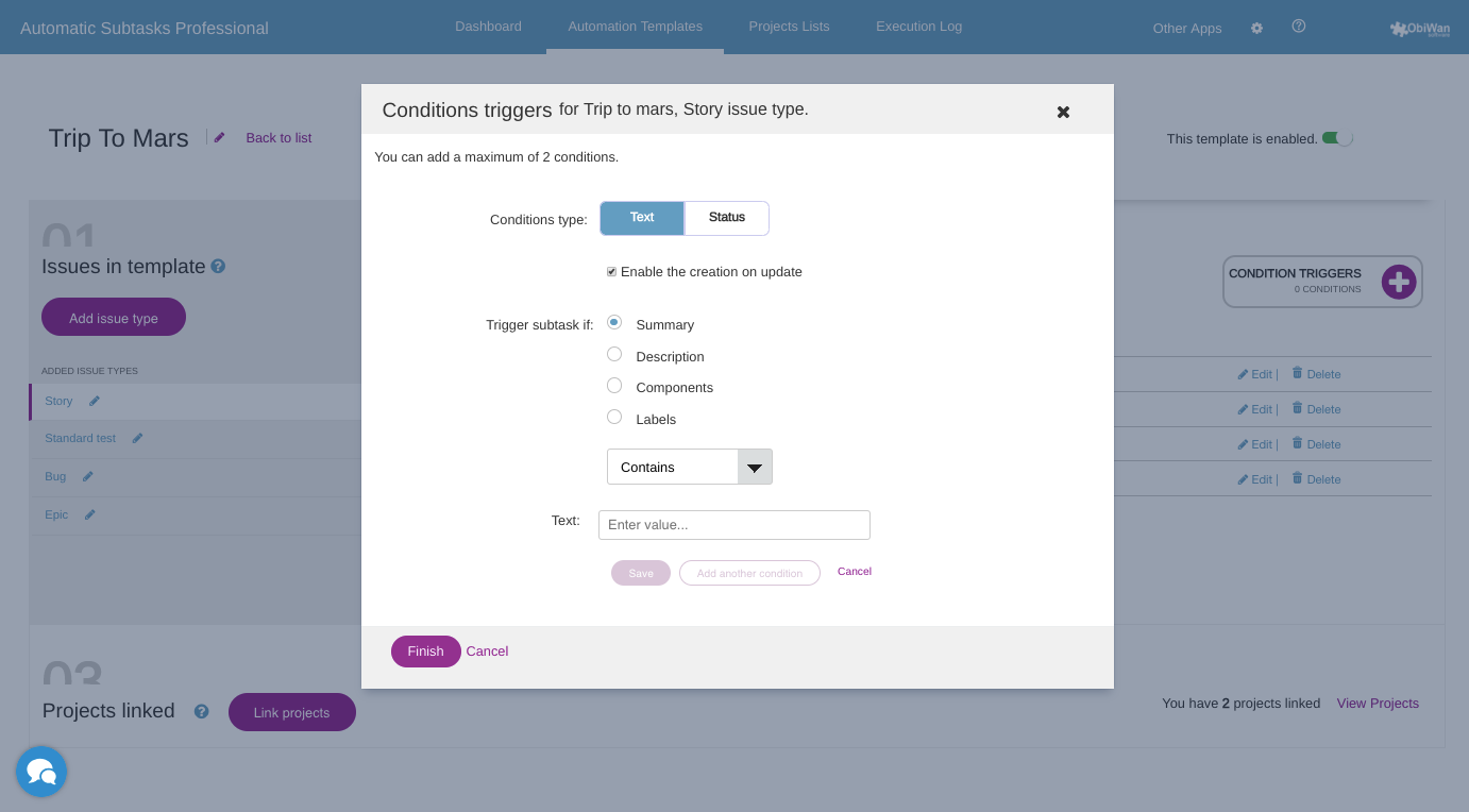 Conditions: text or status