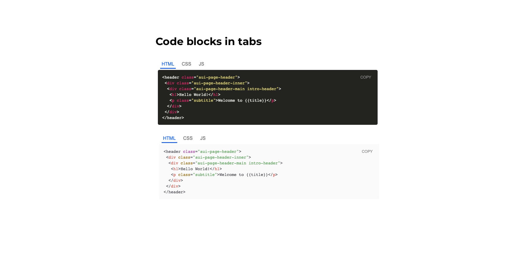 Code blocks in tabs