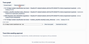 Reverse traceability: walk from a test back through code and requirement to the regulation behind it (DORA example).