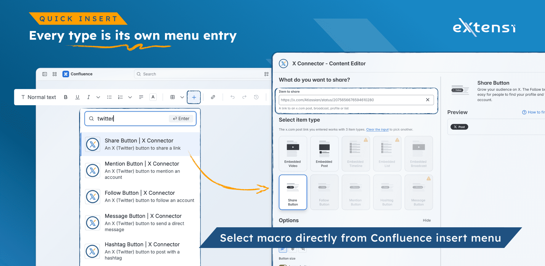 The editor: item field and ten type tiles with incompatible ones disabled, options underneath, and the live preview alongside.