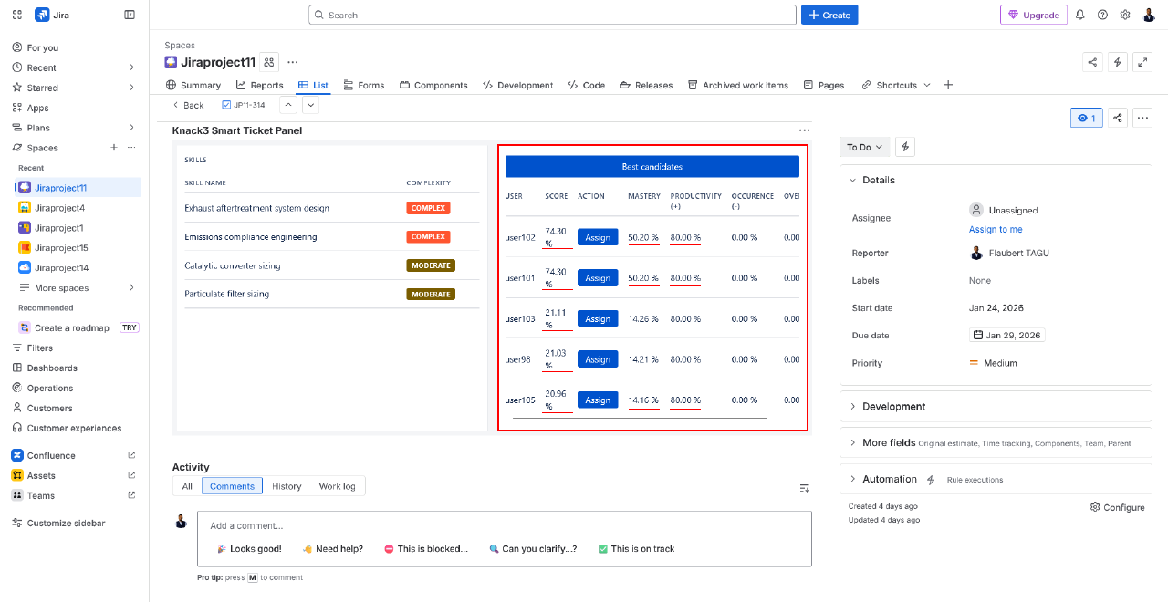 Knack3 ticket combining the task required skills, the top candidates proposed by Knack3 algorithm and their metrics with a detail of skills mastery by candidate