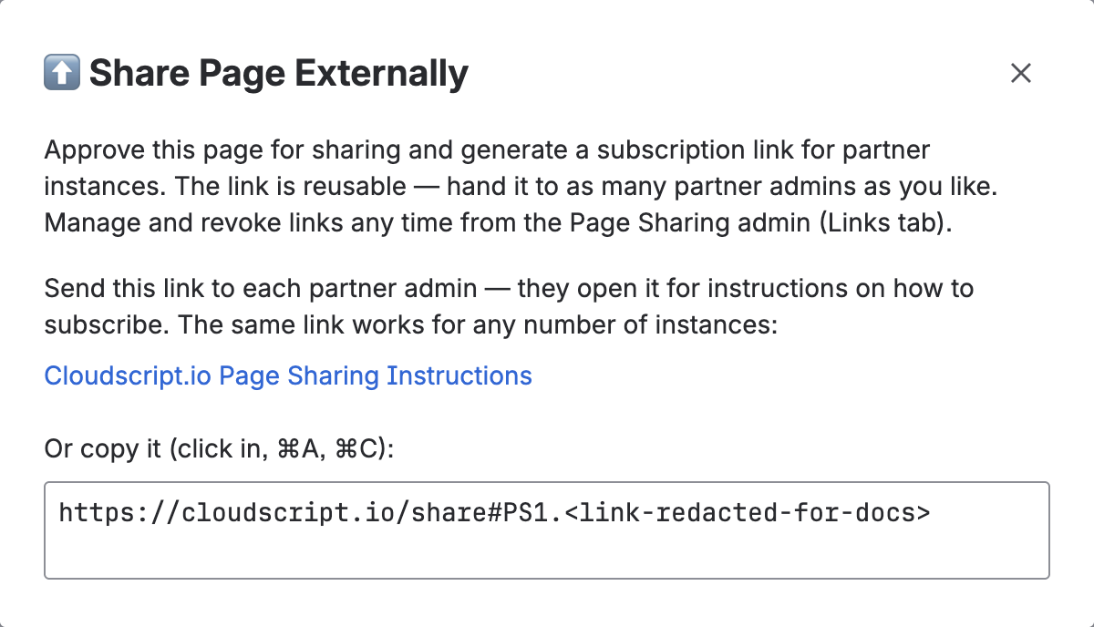 Approving a page for sharing generates its subscribe link. The link is reusable and revocable, and enrolment only succeeds for partner sites on your allow-list.
