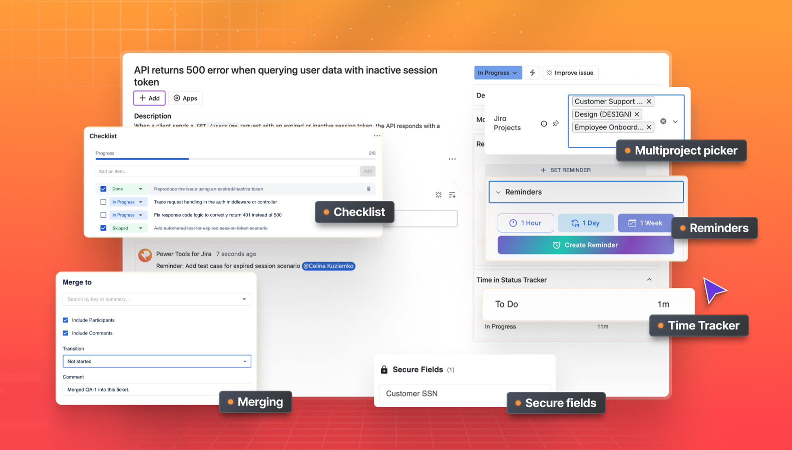 Optimize issues: use checklists, time-tracking, and smart alerts across projects. Manage secure fields directly in the issue view and merge duplicates to maintain a single, protected source of truth for your work