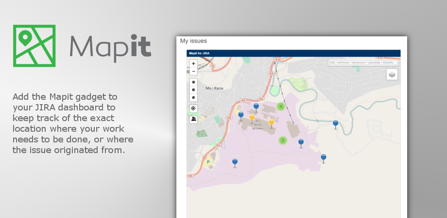 Add the Mapit gadget to your Jira dashboard to keep track of the exact location where your work needs to be done, or where the issue originated from