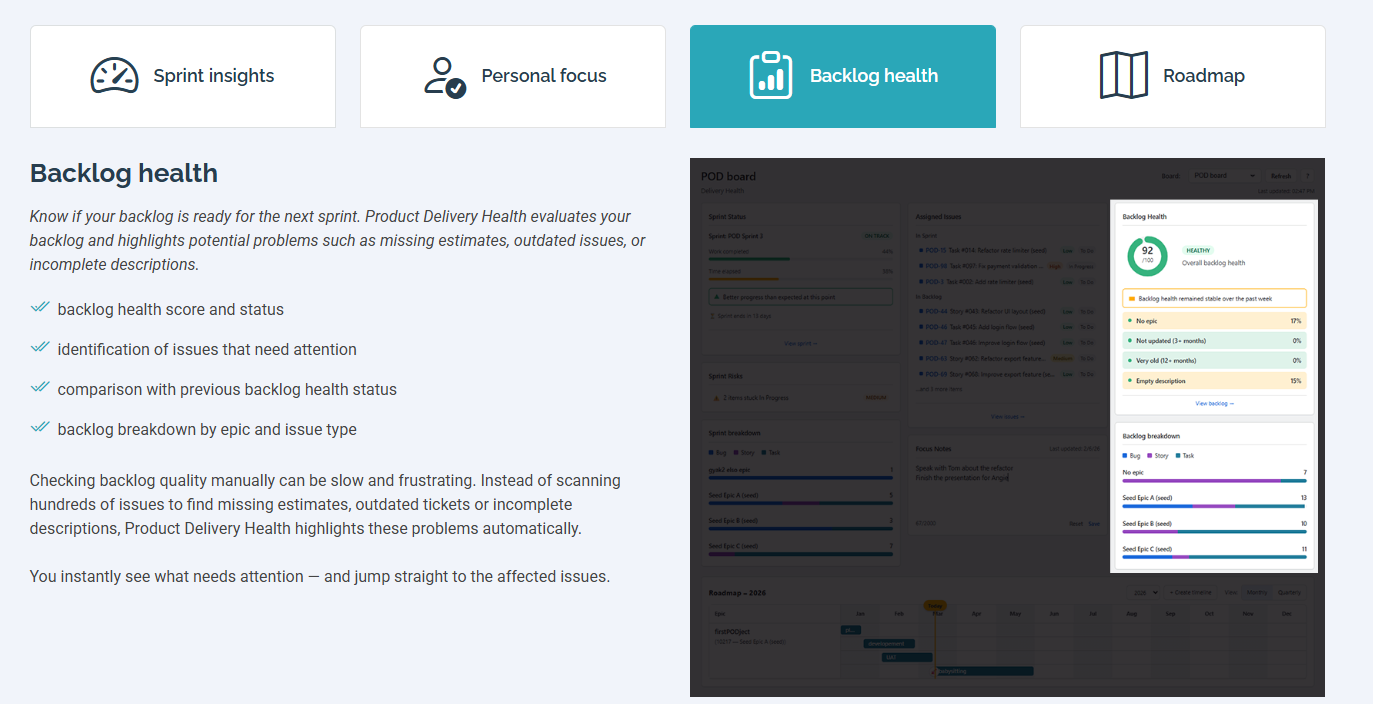 Instantly see your backlog health score, identify issues with missing estimates or outdated descriptions, and jump directly to the affected issues in one click