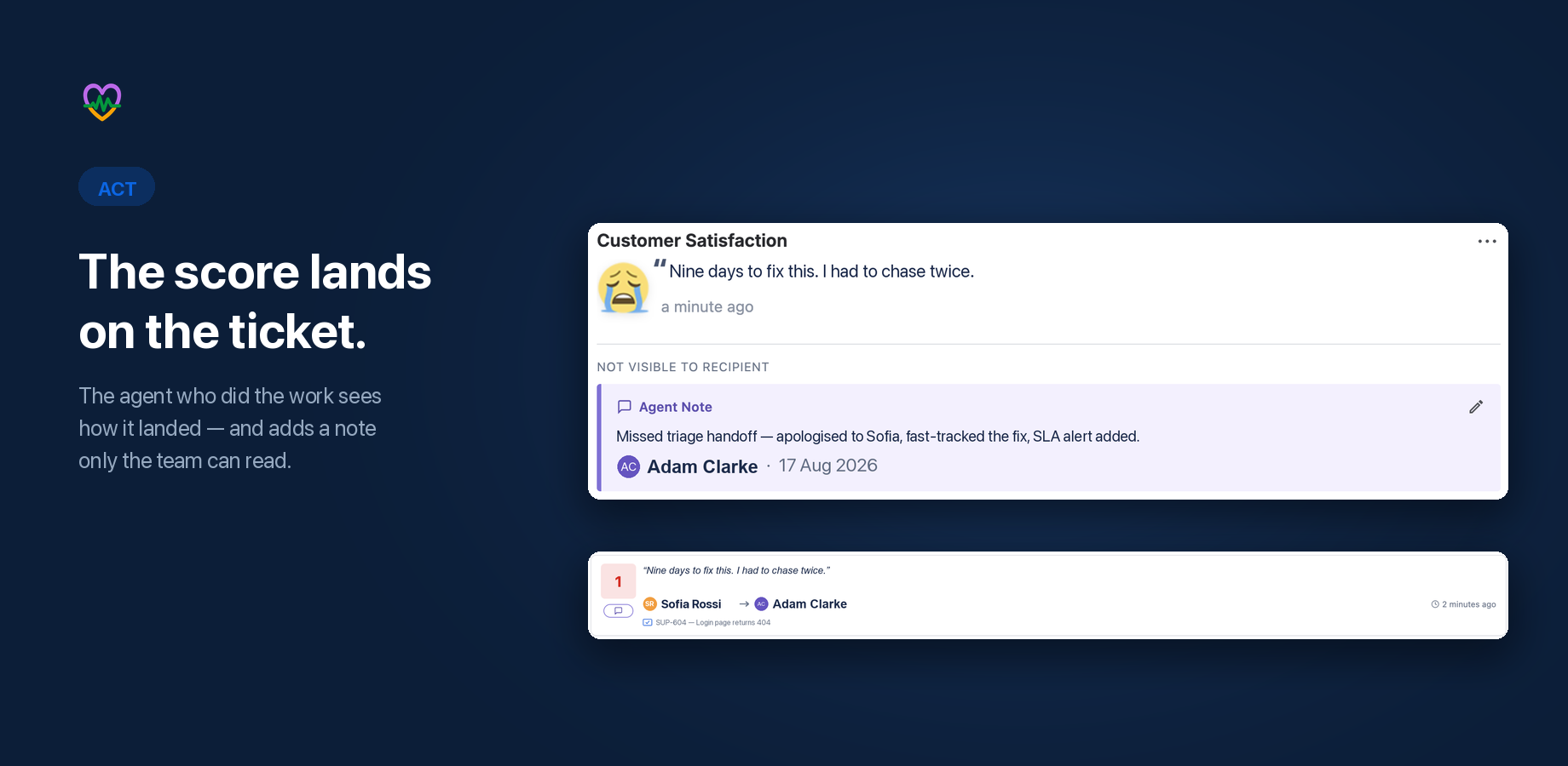 A one-star rating on the issue with an agent note that is never shown to the customer, and the same feedback in the All Feedback list carrying its note icon.
